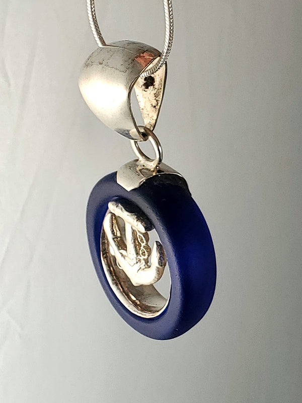 Cobalt Bottle Top Sea Glass & Sterling Silver Anchor Pendant