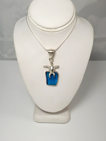 Royal Blue Sea Glass & Sterling Silver Sea Turtle Pendant