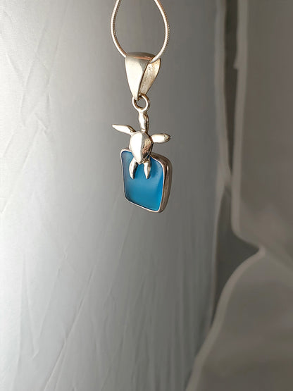 Royal Blue Sea Glass & Sterling Silver Sea Turtle Pendant