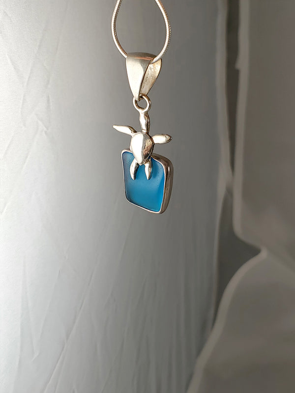 Royal Blue Sea Glass & Sterling Silver Sea Turtle Pendant