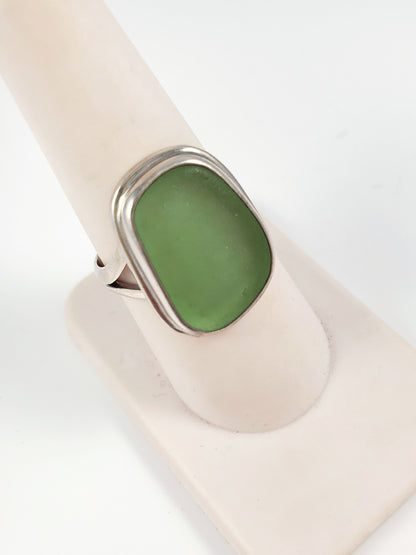 Green Sea Glass & Sterling Silver Ring