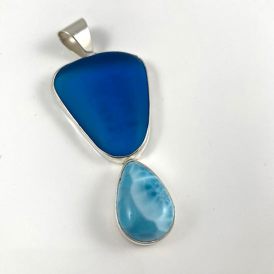 Larimar, Sea Glass & Sterling Silver Pendant
