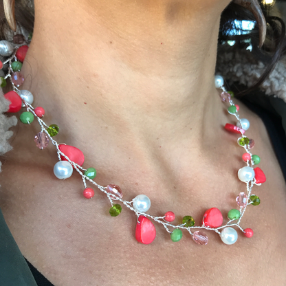 Branch Necklace- Pink, Green, & White