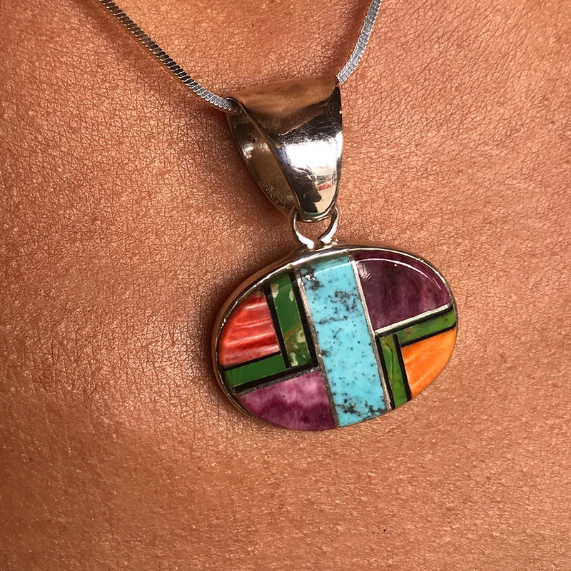 Turquoise, Green Mohave Turquoise, Spiny Oyster & Jet Inlay Pendant