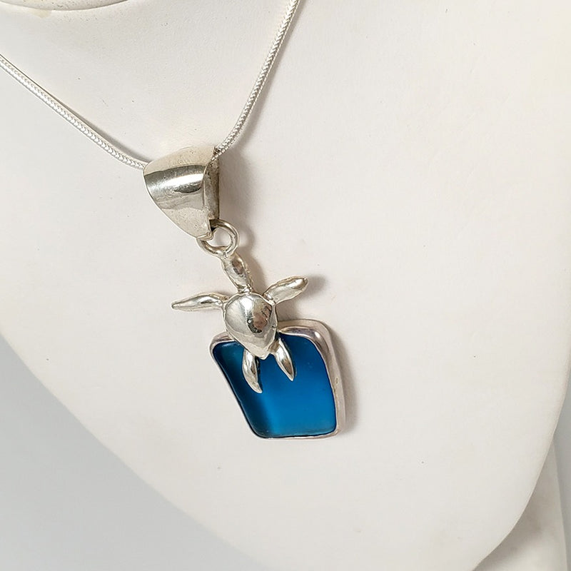 Royal Blue Sea Glass & Sterling Silver Sea Turtle Pendant