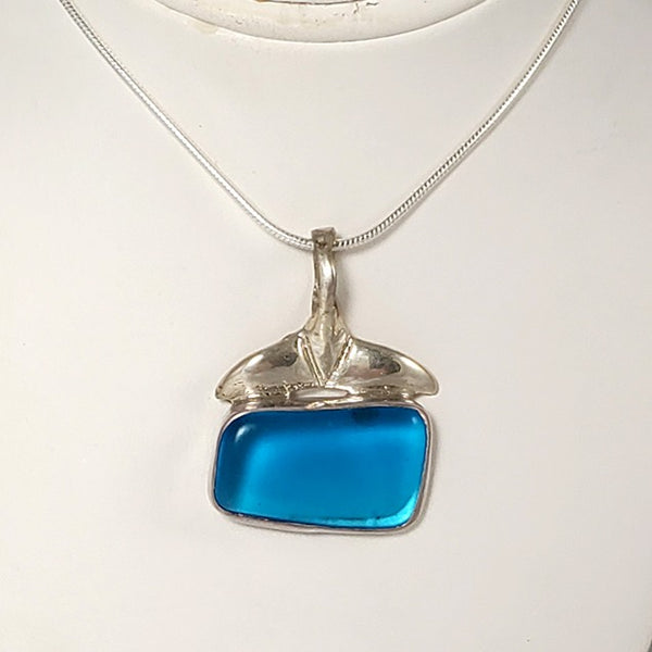 Blue Sea Glass & Sterling Silver Pendant