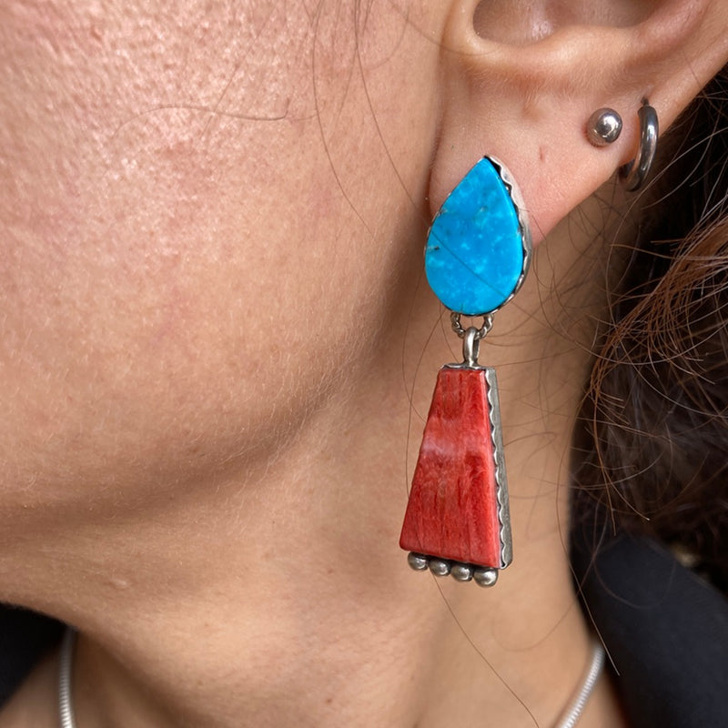 Turquoise, Spiny Oyster & Sterling Silver Earrings