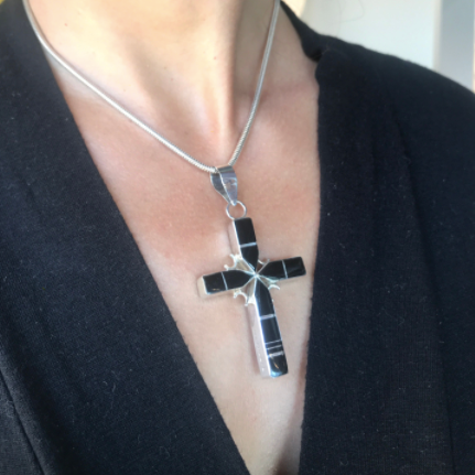 Double-Sided Inlaid Turquoise & Jet Cross Pendant
