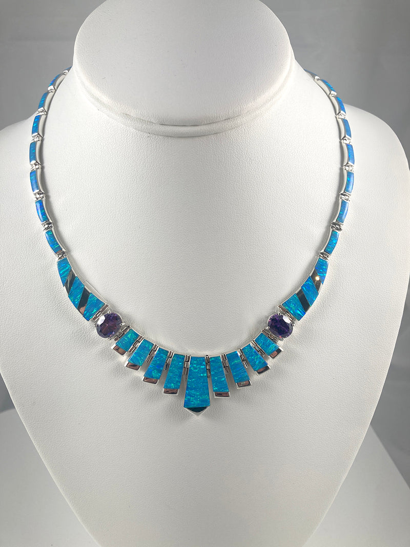 Lab Opal &  Amethyst set in Sterling Silver Necklace