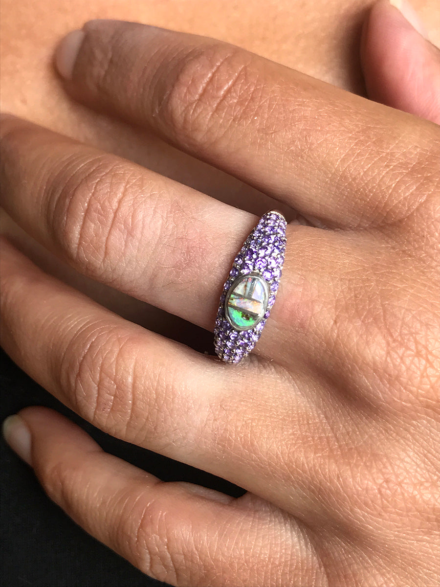 Spiderweb Opal & Cubic Zirconia Inlaid Ring