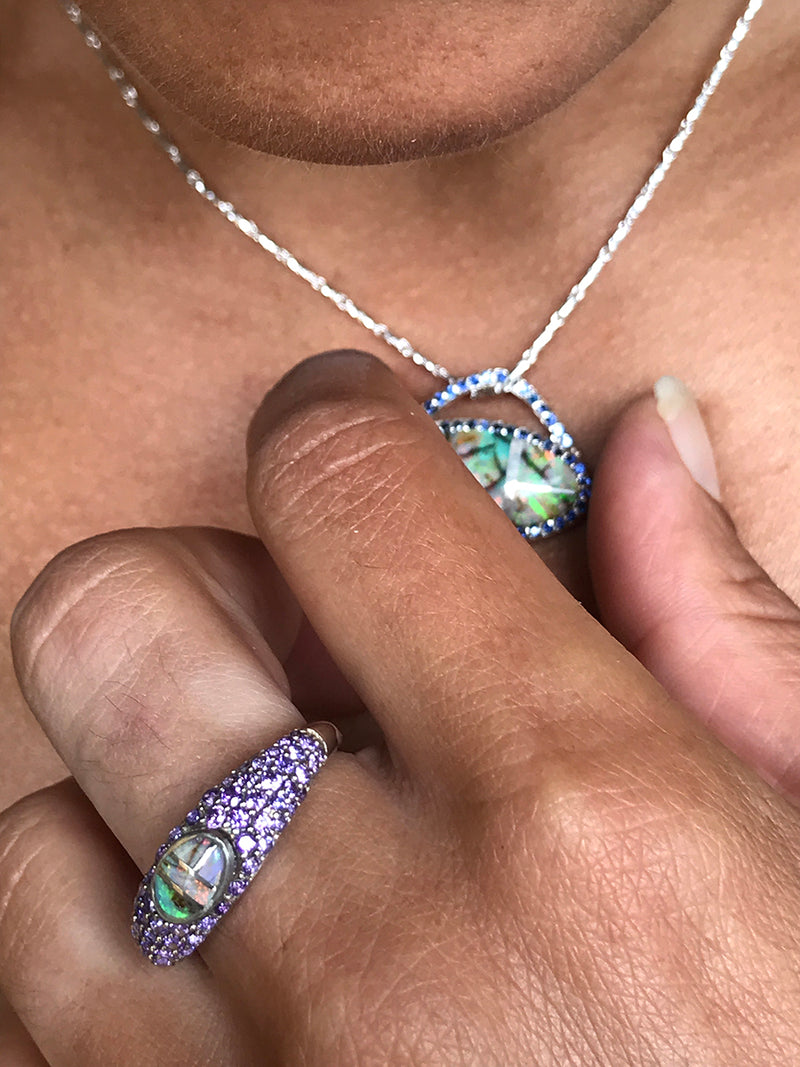 Spiderweb Opal & Cubic Zirconia Inlaid Ring