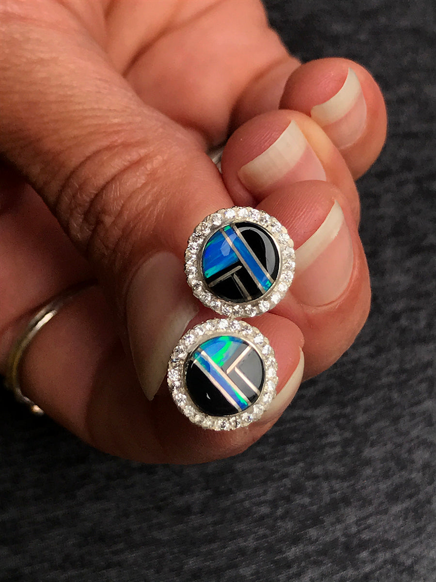 Blue Opal & Black Jet Inlay Stud Earrings