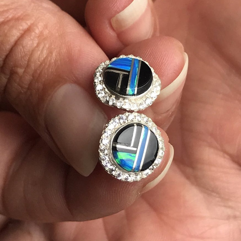 Blue Opal & Black Jet Inlay Stud Earrings