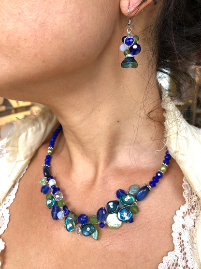 Turquoise, Cobalt, Green Sea Glass, and Sterling Silver Branch Necklace