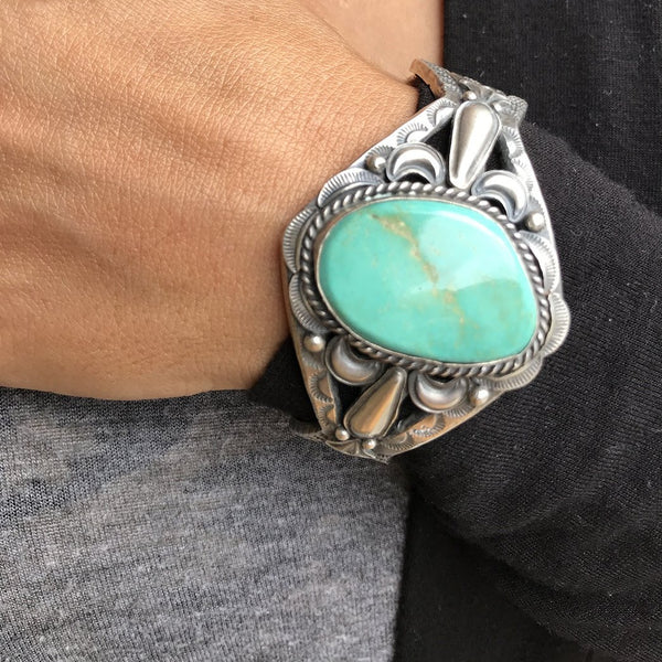 Turquoise & Sandcast Sterling Silver Bracelet