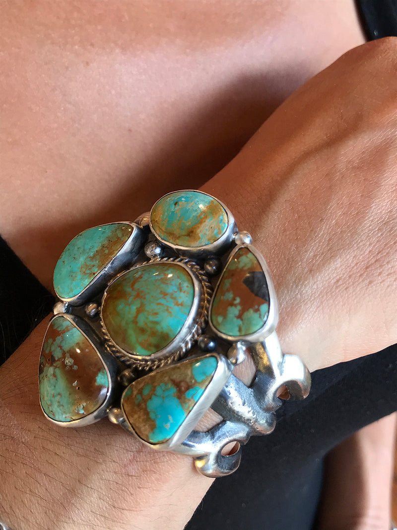 Multi Turquoise Stone & Sandcast Sterling Silver Bracelet