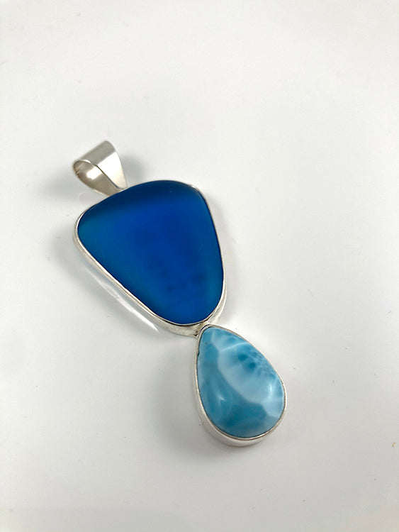 Larimar, Sea Glass & Sterling Silver Pendant