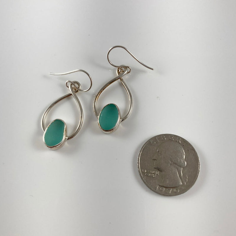 Aqua Sea Glass & Sterling Silver Infinity Drop Earrings