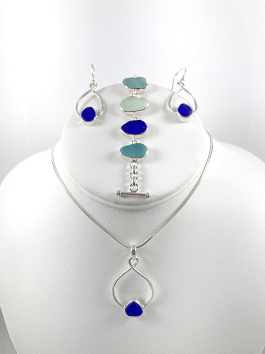 Cobalt Sea Glass & Sterling Silver Drop Earrings, Pendant and Bracelet Set (each sold separately)