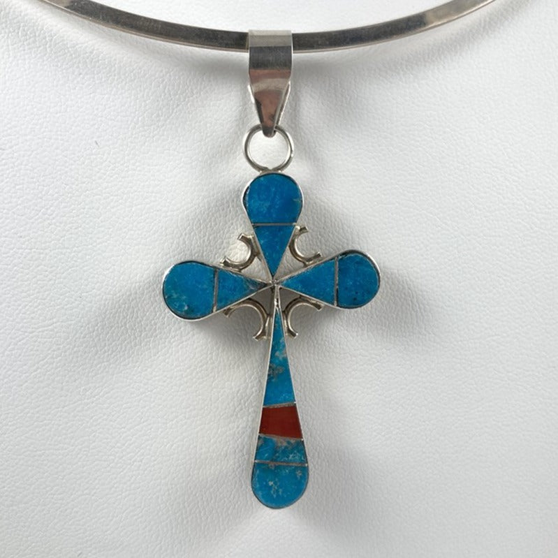 Double-sided Turquoise, Jet & Coral Cross Pendant