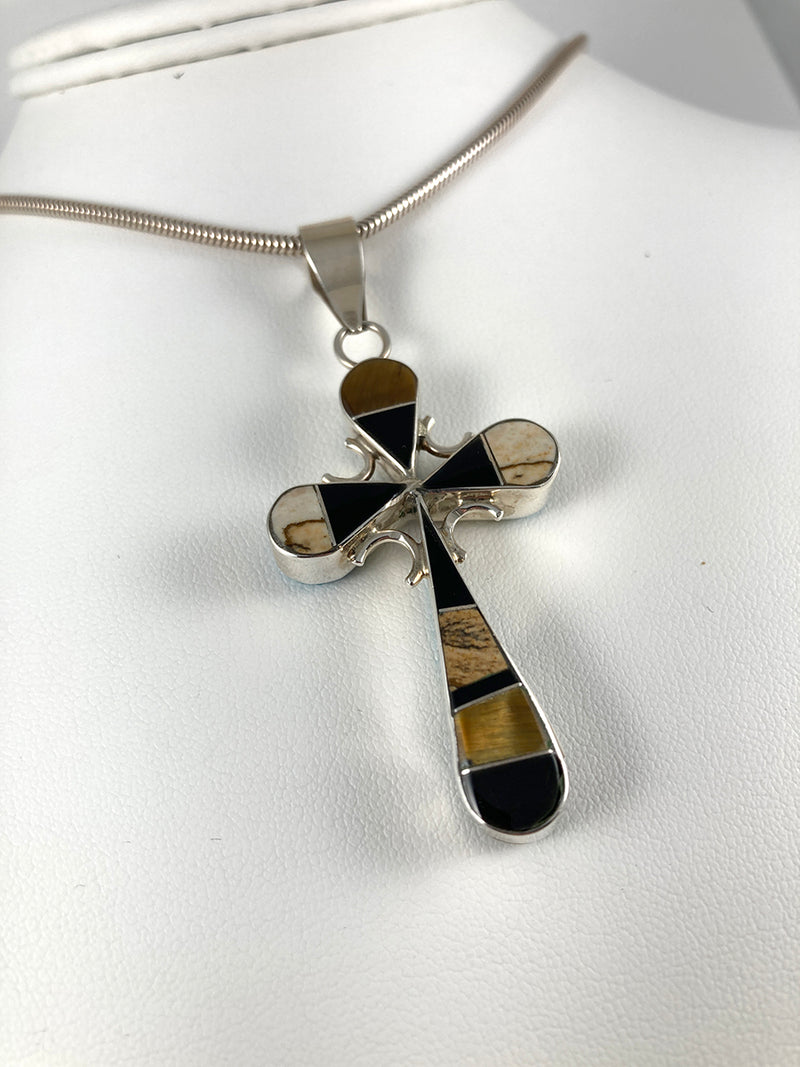 Double-sided Turquoise, Jet & Tiger's Eye Cross Pendant