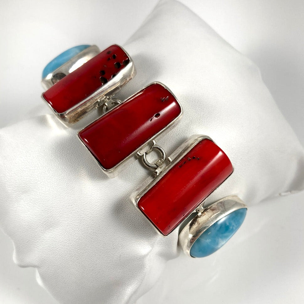 Bamboo Coral, Larimar & Sterling Silver Bracelet