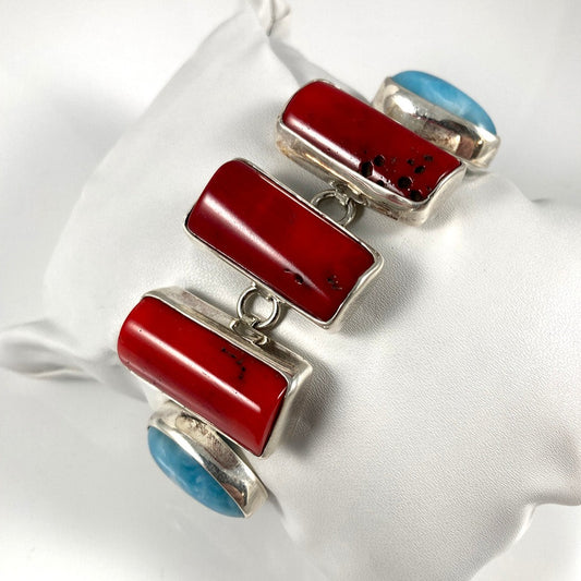 Bamboo Coral, Larimar & Sterling Silver Bracelet