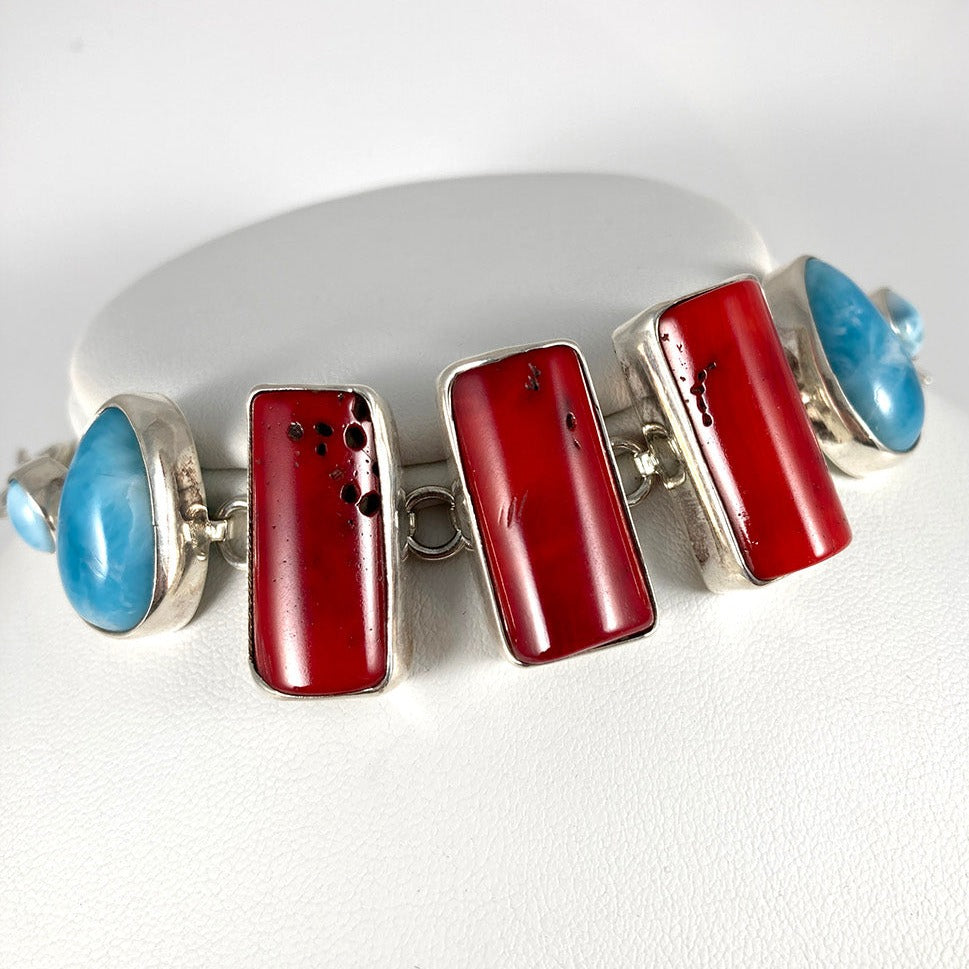 Bamboo Coral, Larimar & Sterling Silver Bracelet