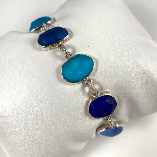 Blue Sea Glass & Sterling Silver Bracelet