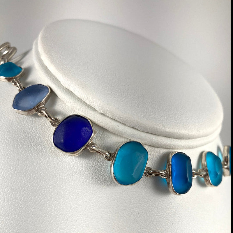 Blue Sea Glass & Sterling Silver Bracelet