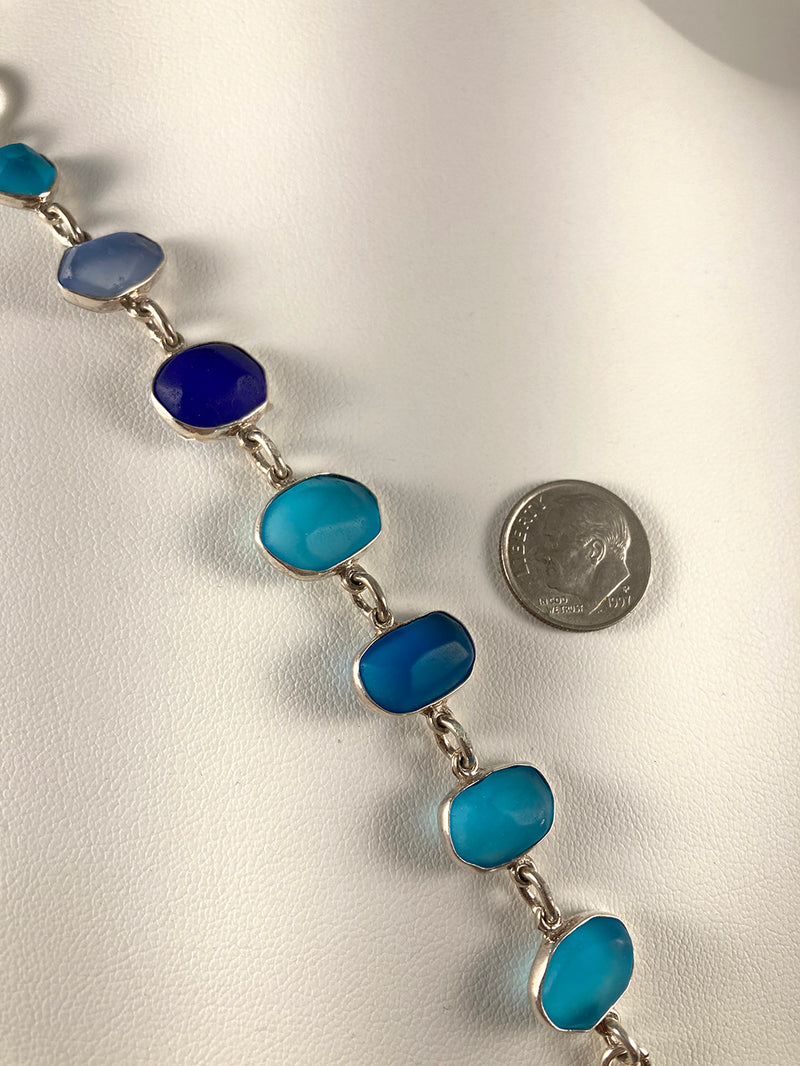 Blue Sea Glass & Sterling Silver Bracelet