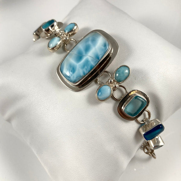 Sea Glass, Larimar, Blue Topaz  & Sterling Silver Bracelet