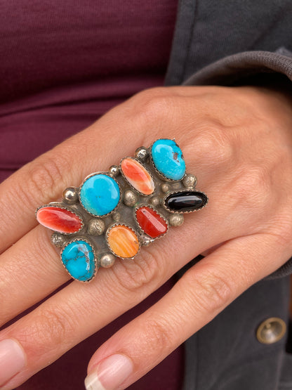 Turquoise, Spiny Oyster, Jet & Sterling Silver Ring