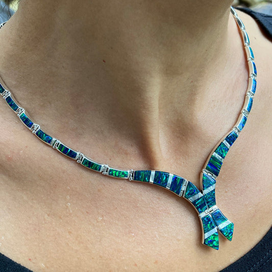 Lab Opal & Sterling Silver Inlaid Necklace