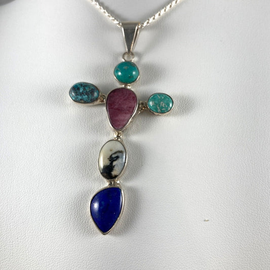 Multi-Stone & Sterling Silver Cross Pendant