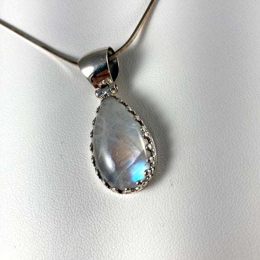 Blue Fire Moonstone & Sterling Silver Pendant