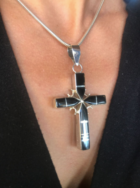 Double-Sided Inlaid Turquoise & Jet Cross Pendant