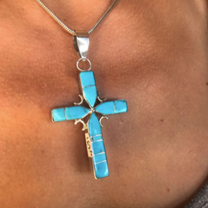 Double-Sided Inlaid Turquoise & Jet Cross Pendant