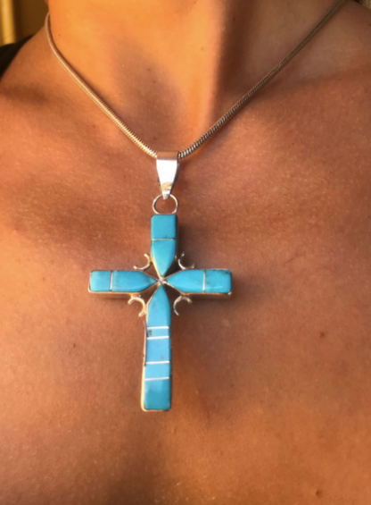 Double-Sided Inlaid Turquoise & Jet Cross Pendant