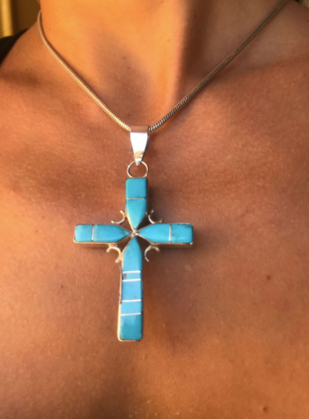 Double-Sided Inlaid Turquoise & Jet Cross Pendant