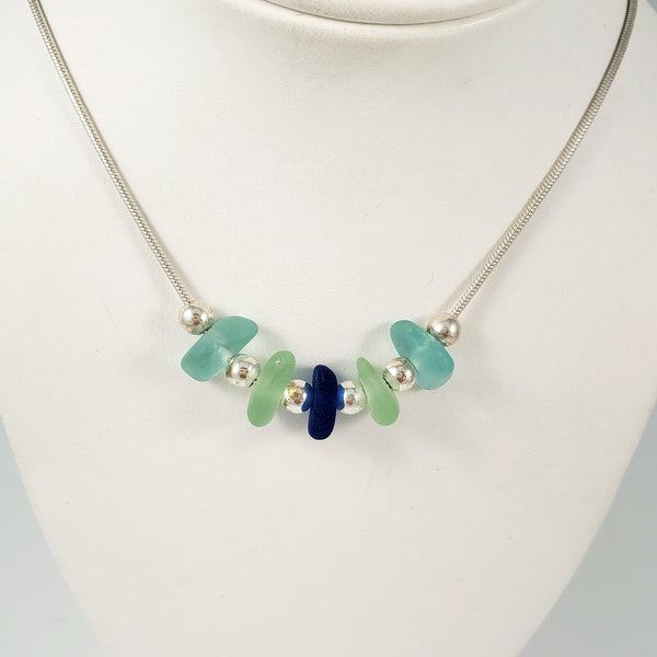 Multi-Color Sea Glass &  Sterling Silver Necklace