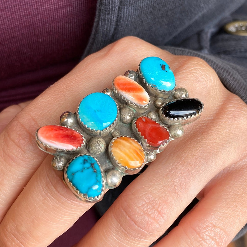 Turquoise, Spiny Oyster, Jet & Sterling Silver Ring