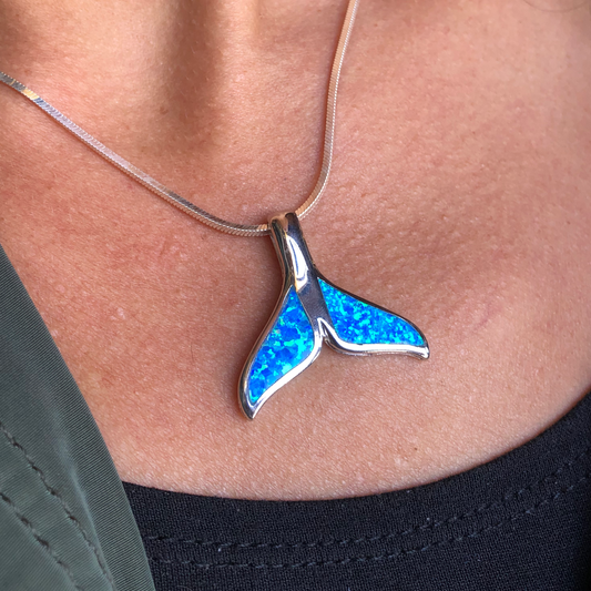 Blue Opal & Sterling Silver Whale Tail Pendant