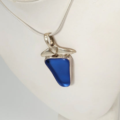 Blue Sea Glass & Sterling Silver Pendant