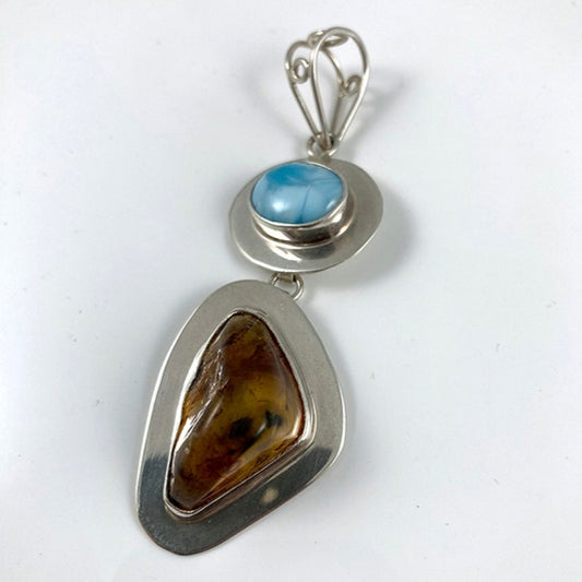 Amber, Larimar & Sterling Silver Pendant