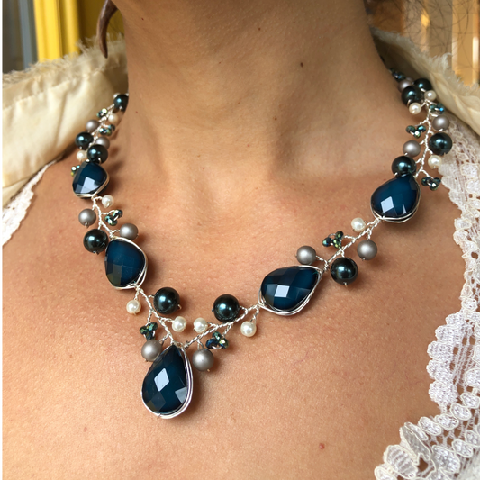 Branch Necklace- Midnight Blue, Grey, & Pearl